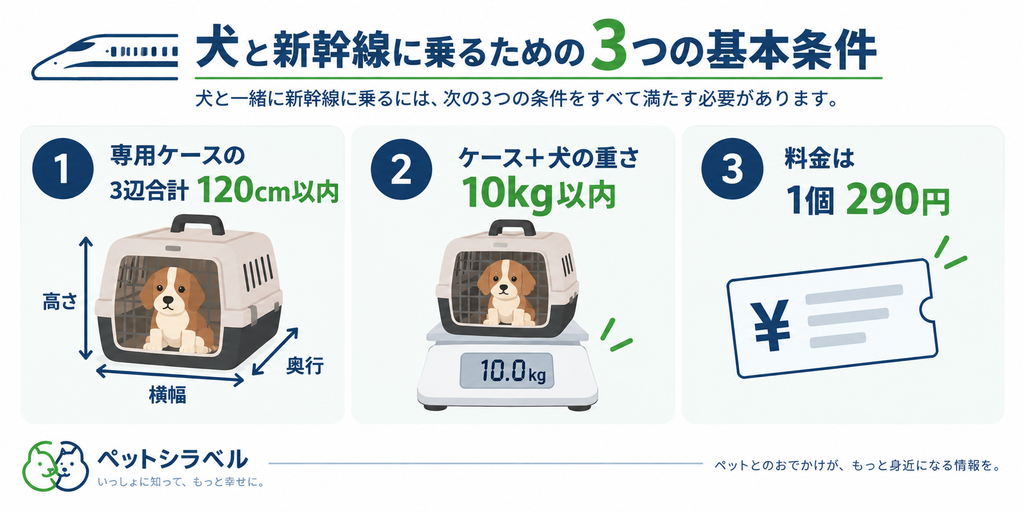 犬と新幹線に乗るための基本条件。専用ケースの3辺合計120cm以内、ケースと犬の重さ10kg以内、料金1個290円