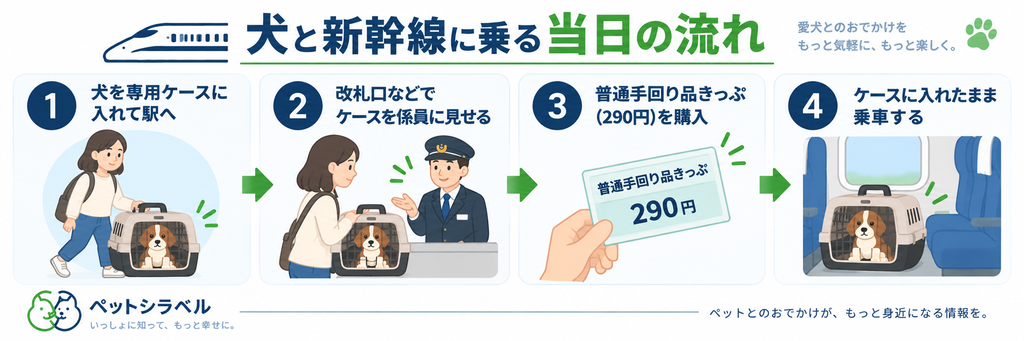 犬と新幹線に乗る当日の流れ。専用ケースに入れて駅へ行き、改札口などで係員にケースを見せ、290円の普通手回り品きっぷを購入し、ケースに入れたまま乗車する