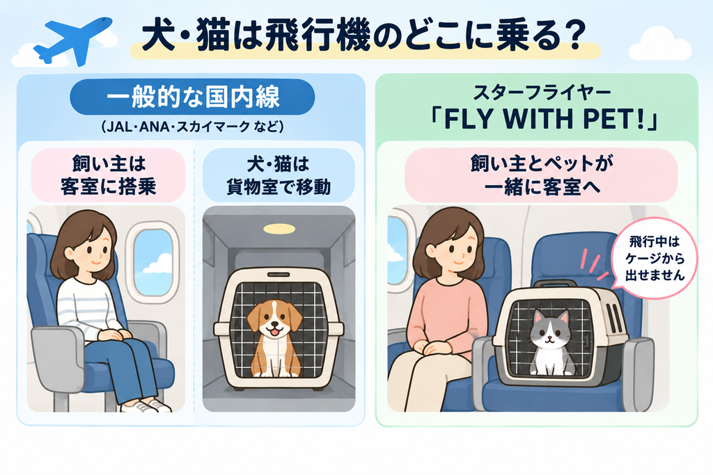 犬や猫が国内線の飛行機で貨物室に預けられる場合と客室同伴できる場合の違い